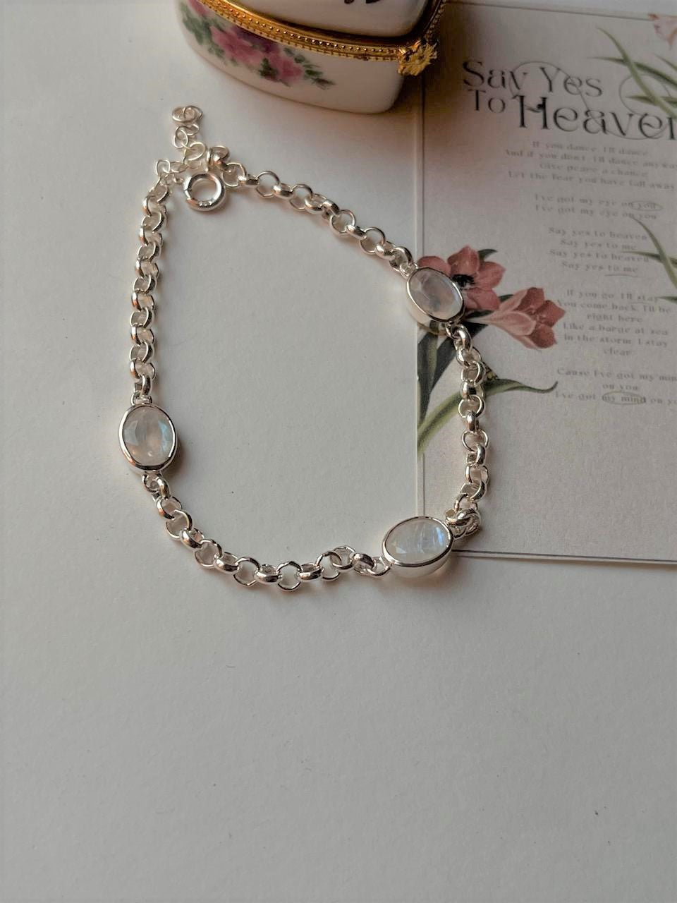 Moonstone 3 Stone 925 Sterling Silver Bracelet