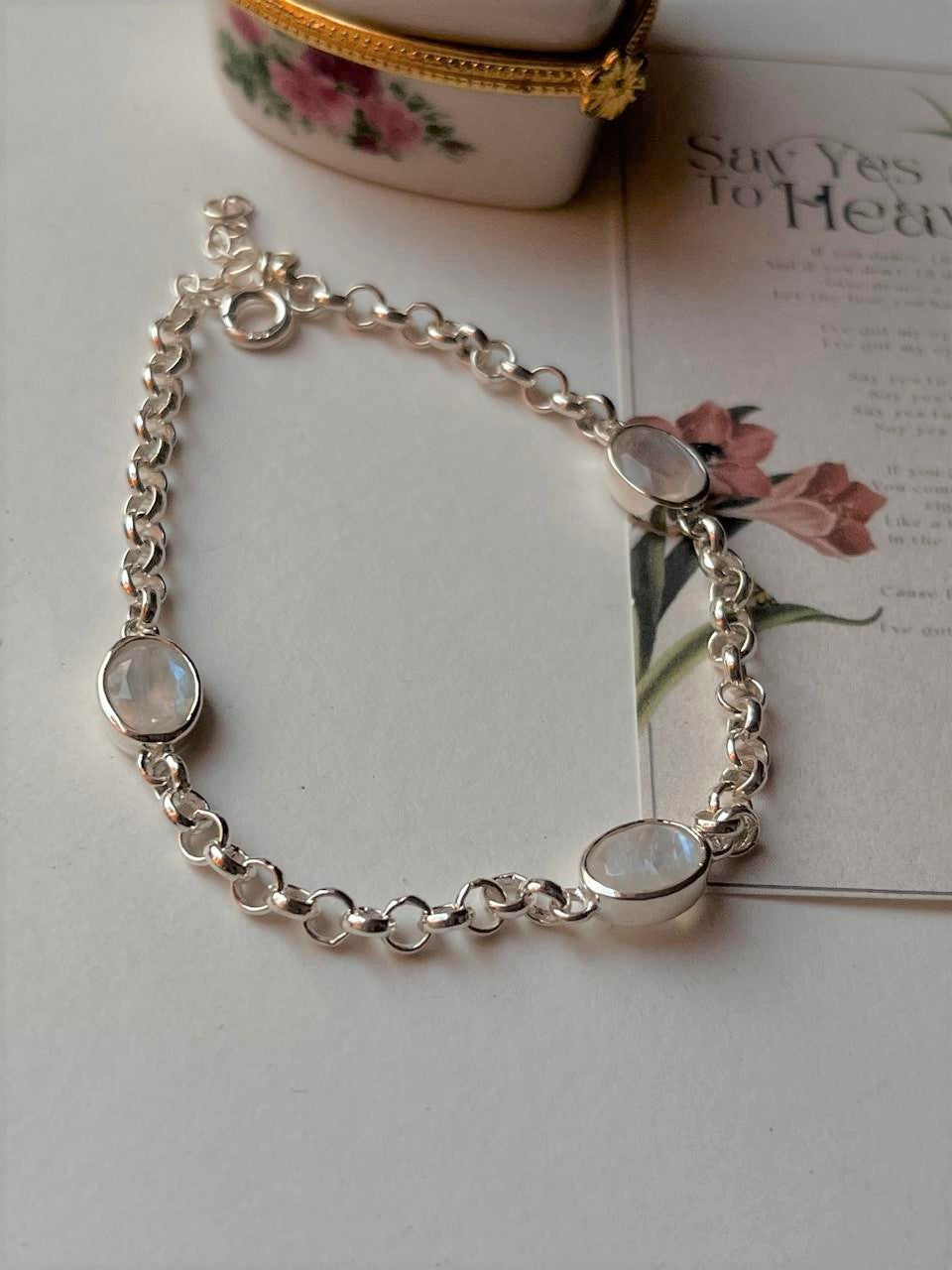 Moonstone 3 Stone 925 Sterling Silver Bracelet
