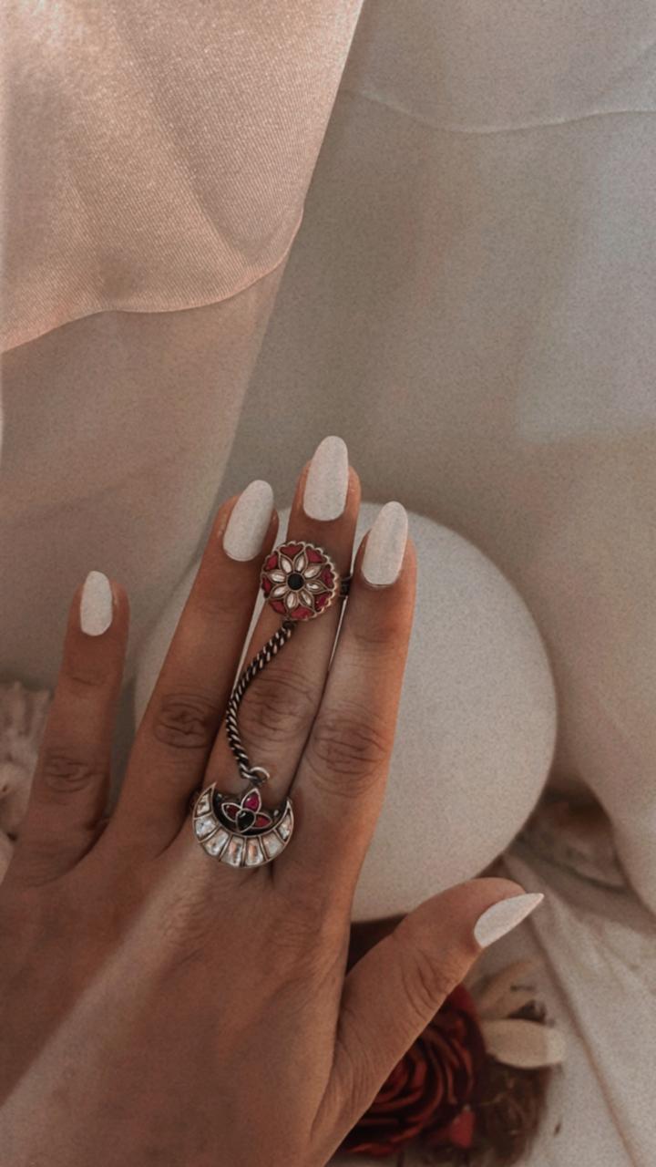 Antique Kundan Meenakari Chand Double Silver Ring
