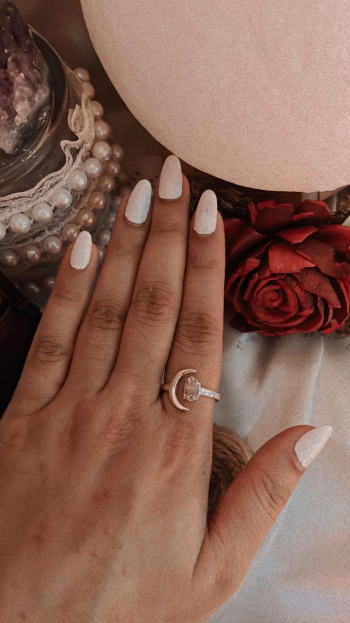 Clear Quartz Raw Uncut Crescent Moon Adjustable 925 Sterling Silver Ring