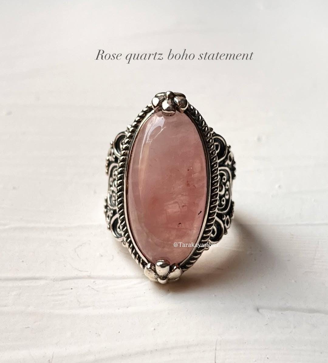 Rose Quartz Boho Oval Statement 925 Sterling Silver Ring