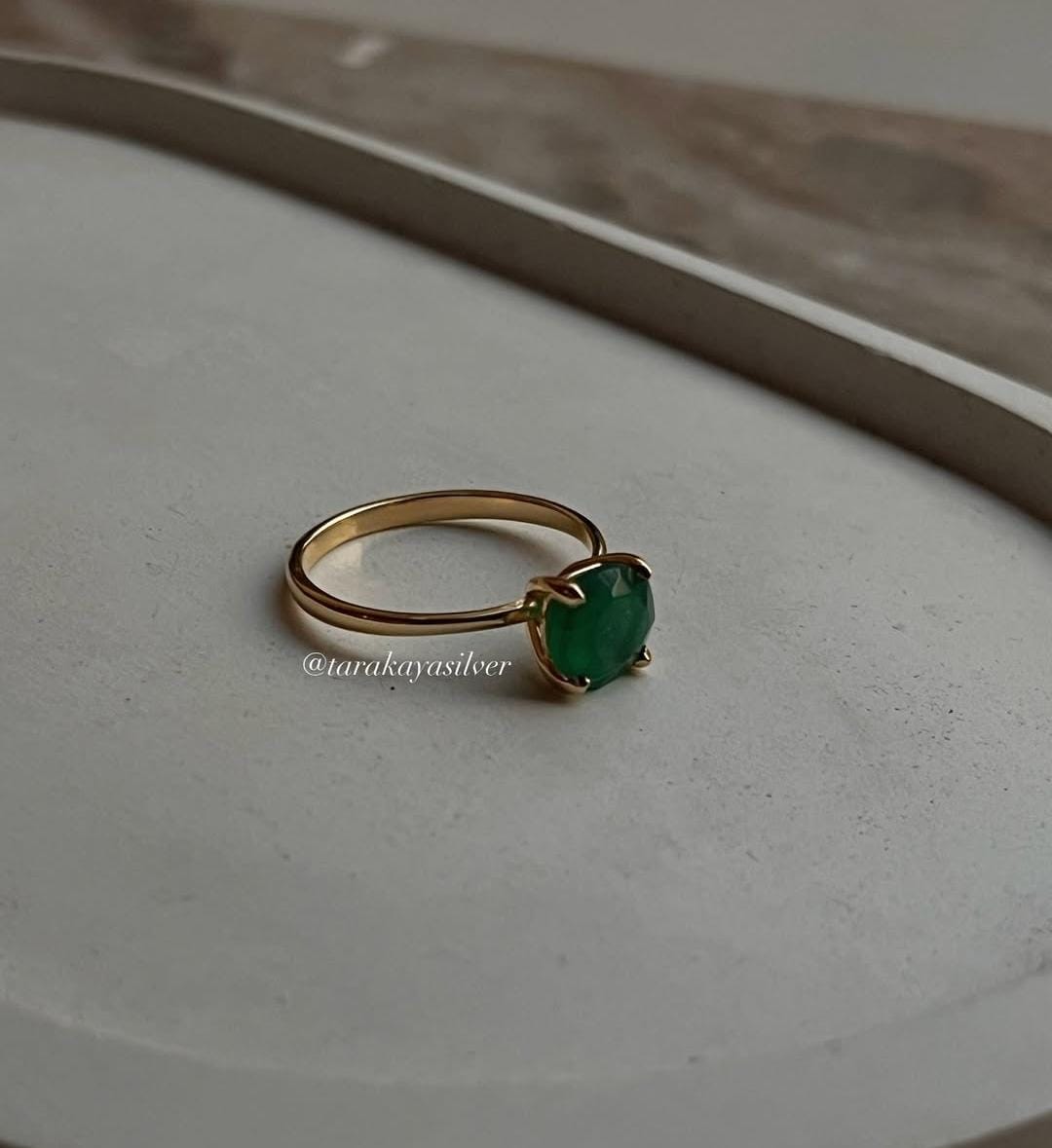 Gold Vermeil Green Onyx Round Solitaire 925 Sterling Silver Ring