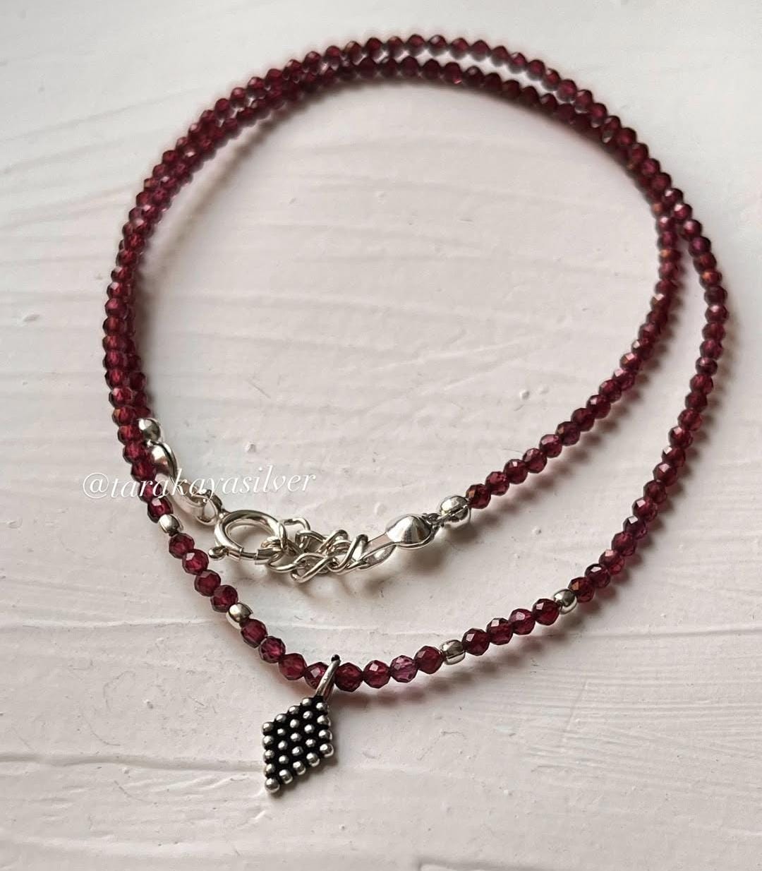 Garnet Round faceted 2MM Tribal Natural Crystal Boho Sterling Silver 925 Necklace