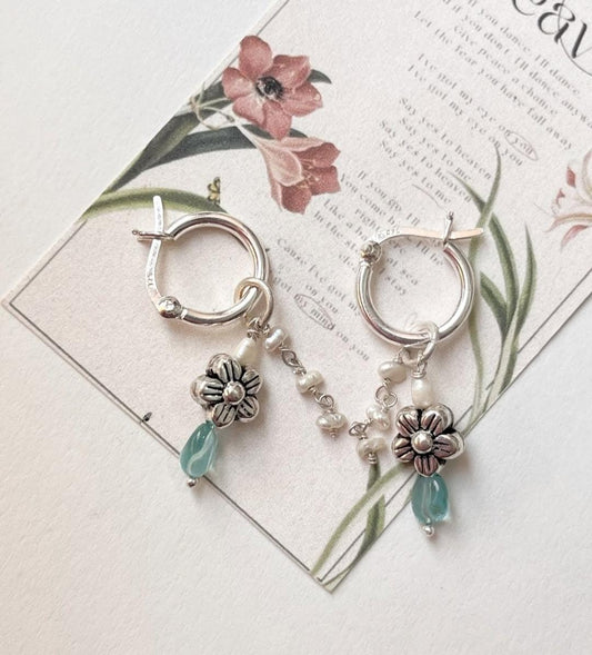 Aquamarine Pearl Floral Removal Charm 925 Sterling Silver Italian Hoops