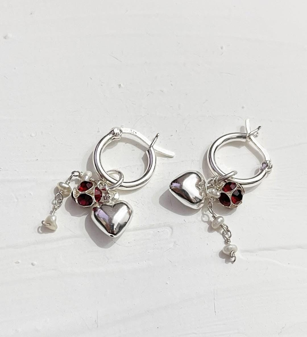 Heart, Red CZ, Pearl Removal Charms 925 Sterling Silver Italian Hoops