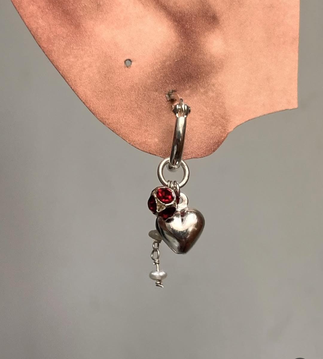 Heart, Red CZ, Pearl Removal Charms 925 Sterling Silver Italian Hoops
