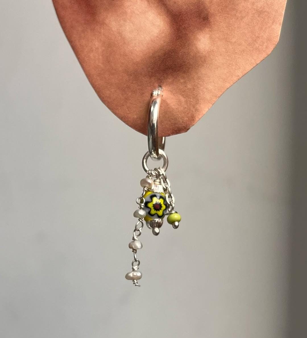 Pinterest Fresh Water Pearl & Green Removable Charms 925 Sterling Silver Italian Hoops
