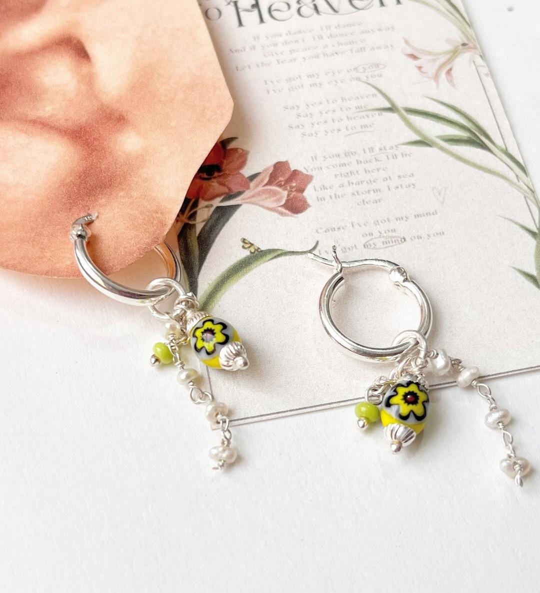 Pinterest Fresh Water Pearl & Green Removable Charms 925 Sterling Silver Italian Hoops