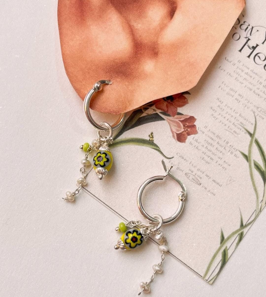 Pinterest Fresh Water Pearl & Green Removable Charms 925 Sterling Silver Italian Hoops
