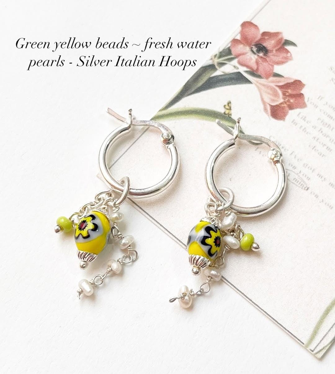 Pinterest Fresh Water Pearl & Green Removable Charms 925 Sterling Silver Italian Hoops