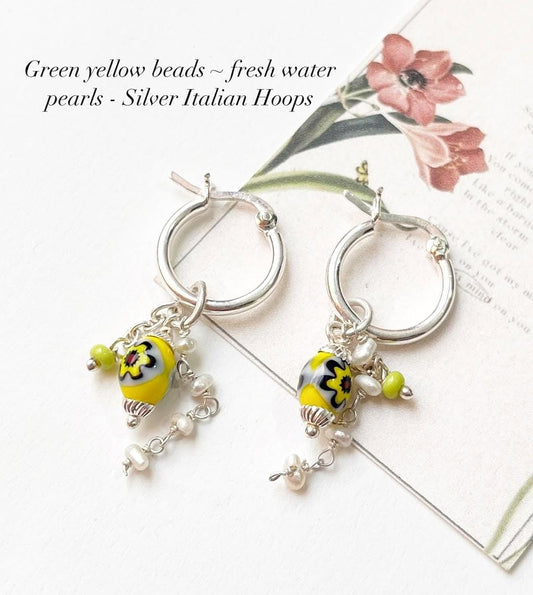 Pinterest Fresh Water Pearl & Green Removable Charms 925 Sterling Silver Italian Hoops