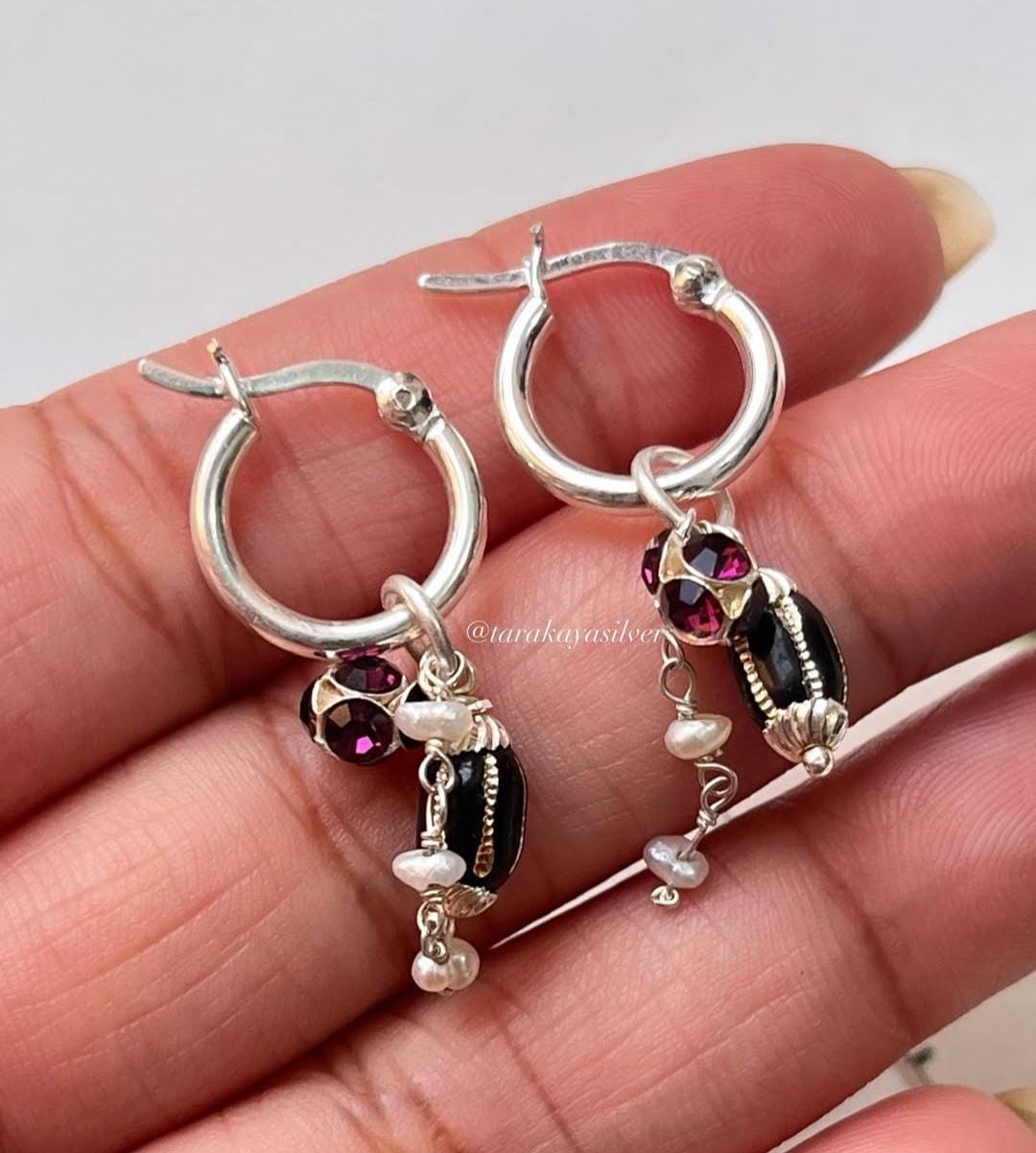 Black, Burgundy Pearl Removal Charms 925 Sterling Silver Italian Hoops