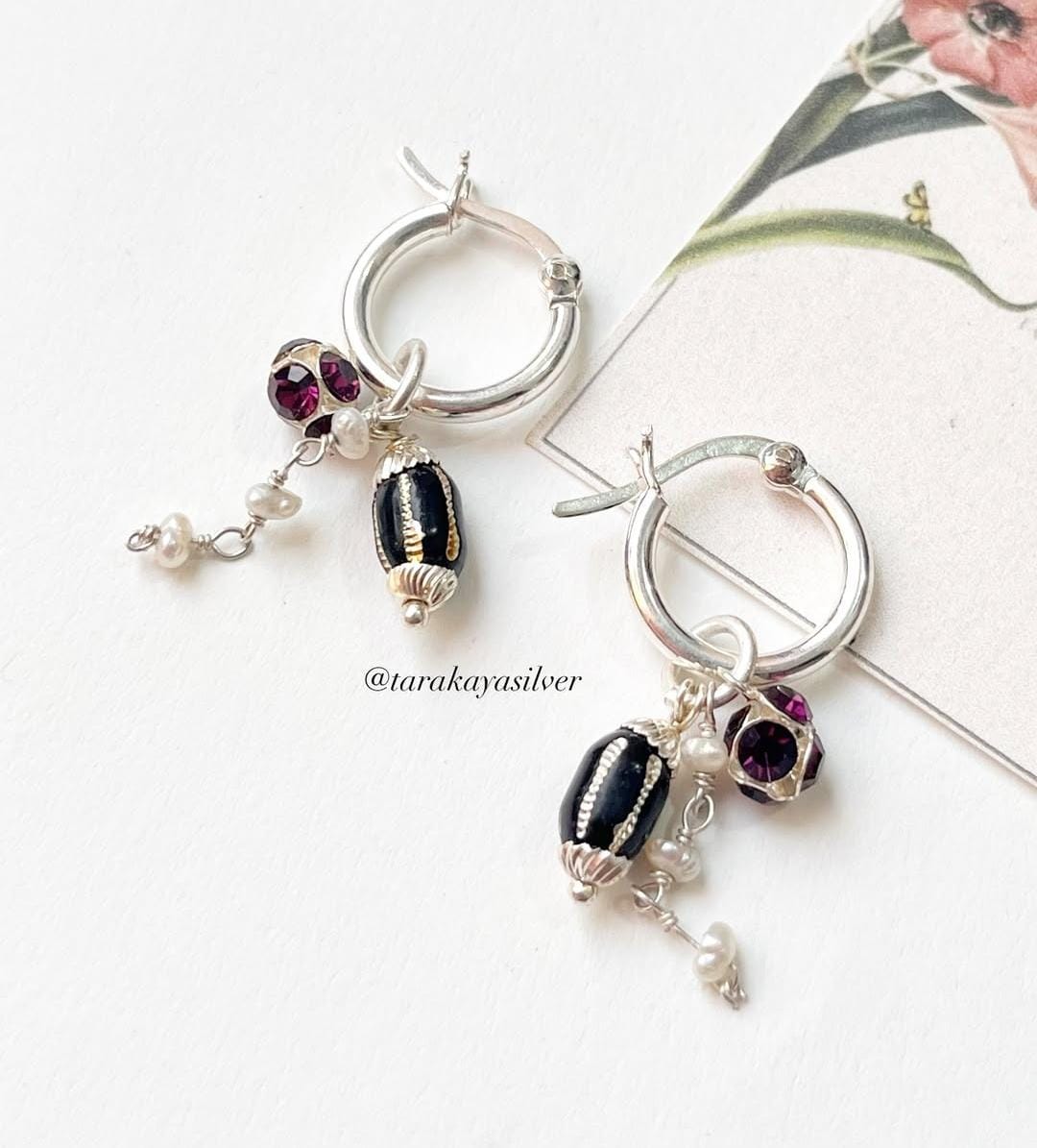 Black, Burgundy Pearl Removal Charms 925 Sterling Silver Italian Hoops