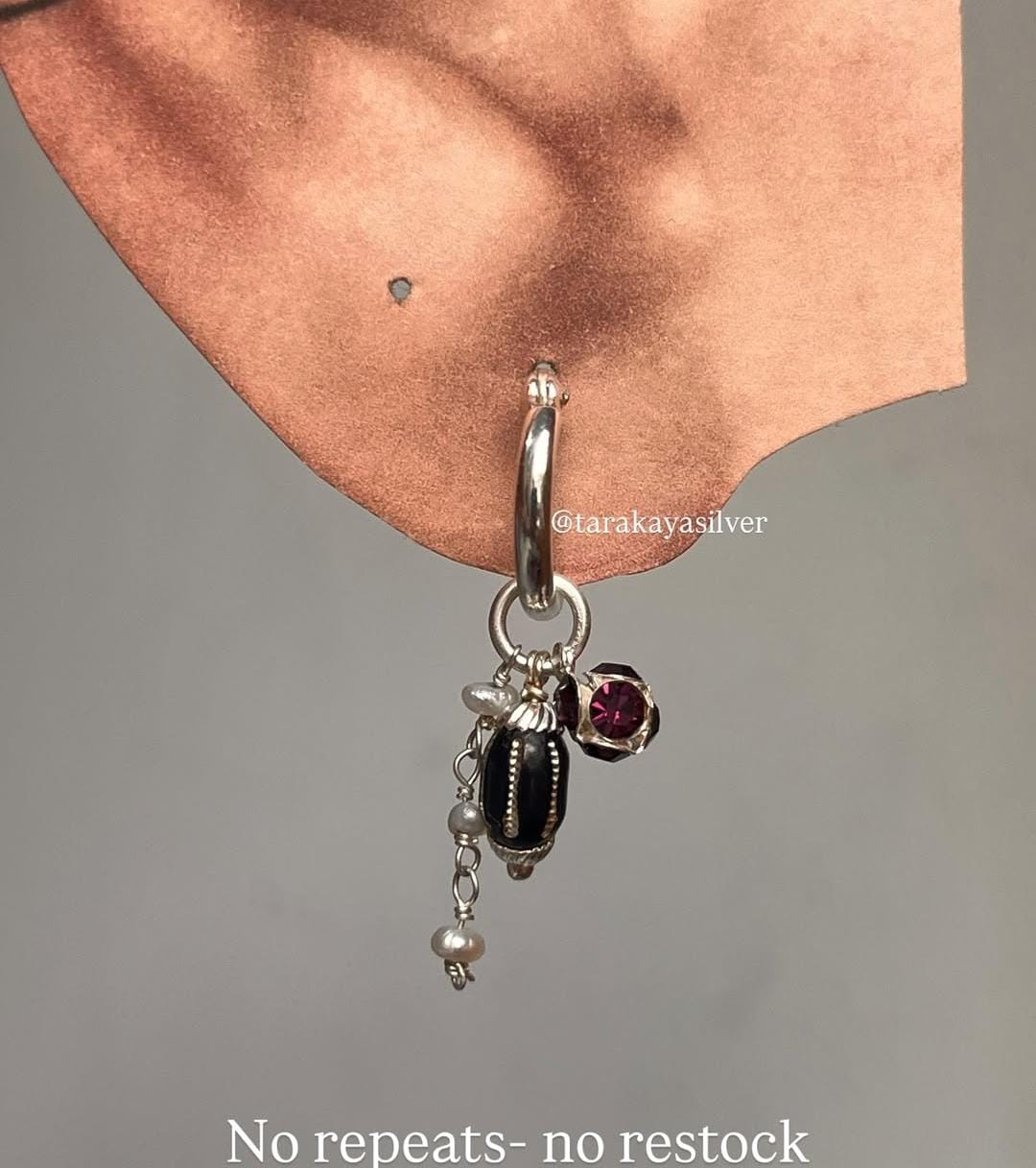 Black, Burgundy Pearl Removal Charms 925 Sterling Silver Italian Hoops