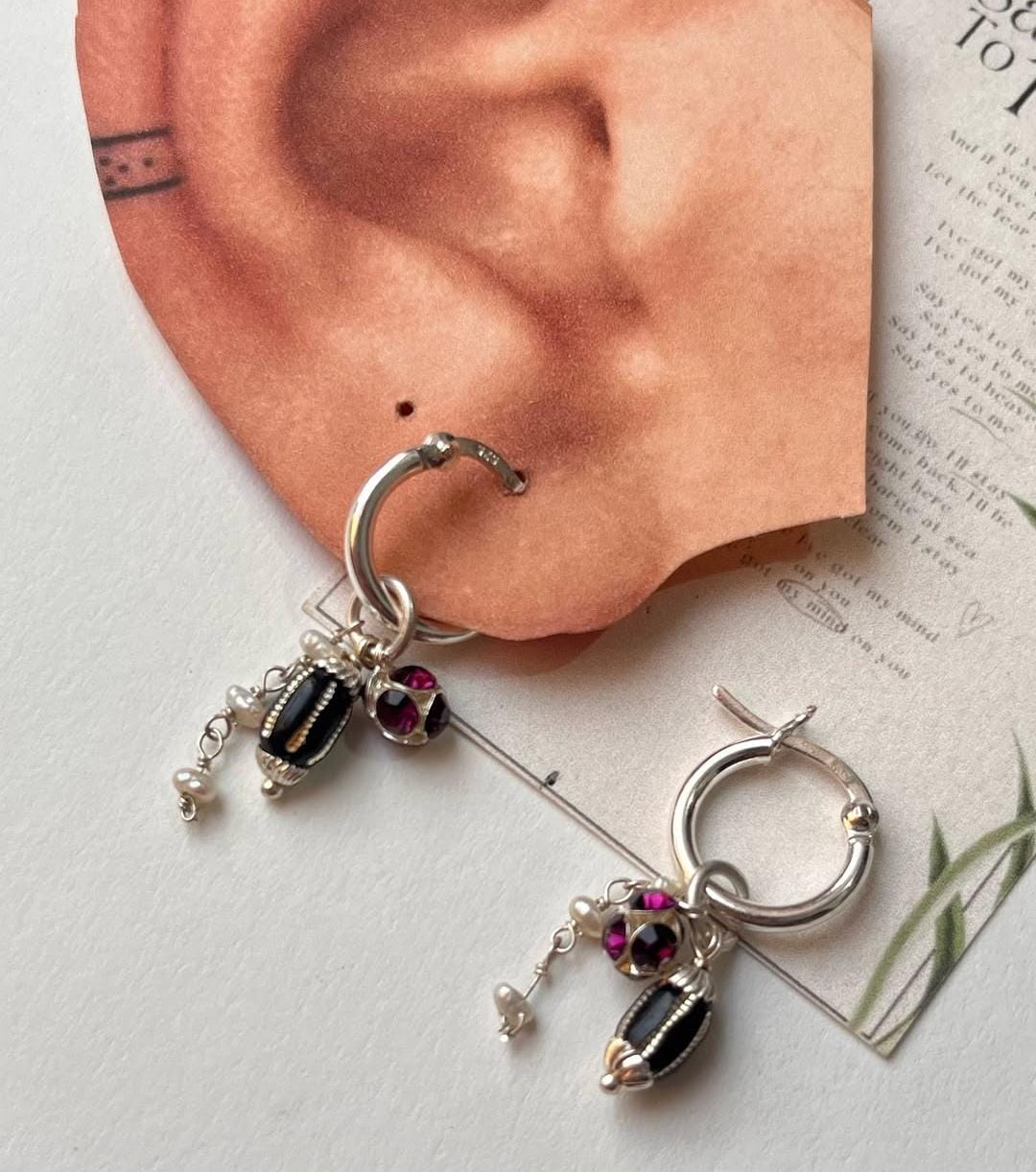 Black, Burgundy Pearl Removal Charms 925 Sterling Silver Italian Hoops