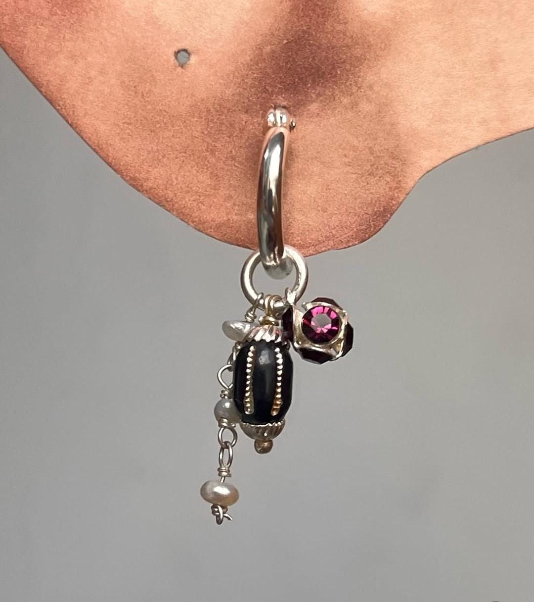 Black, Burgundy Pearl Removal Charms 925 Sterling Silver Italian Hoops