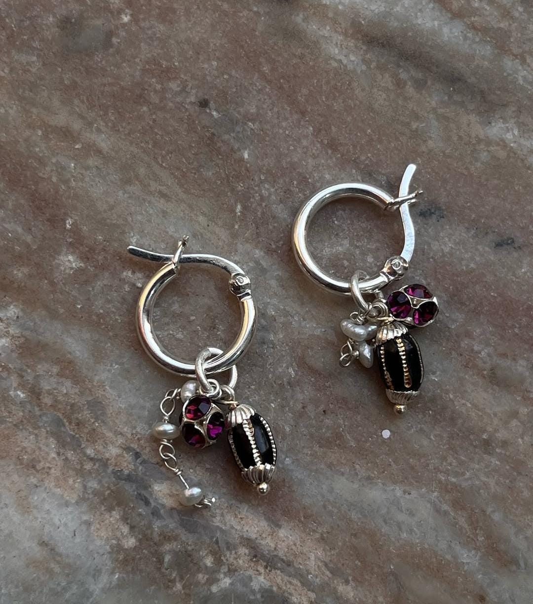 Black, Burgundy Pearl Removal Charms 925 Sterling Silver Italian Hoops