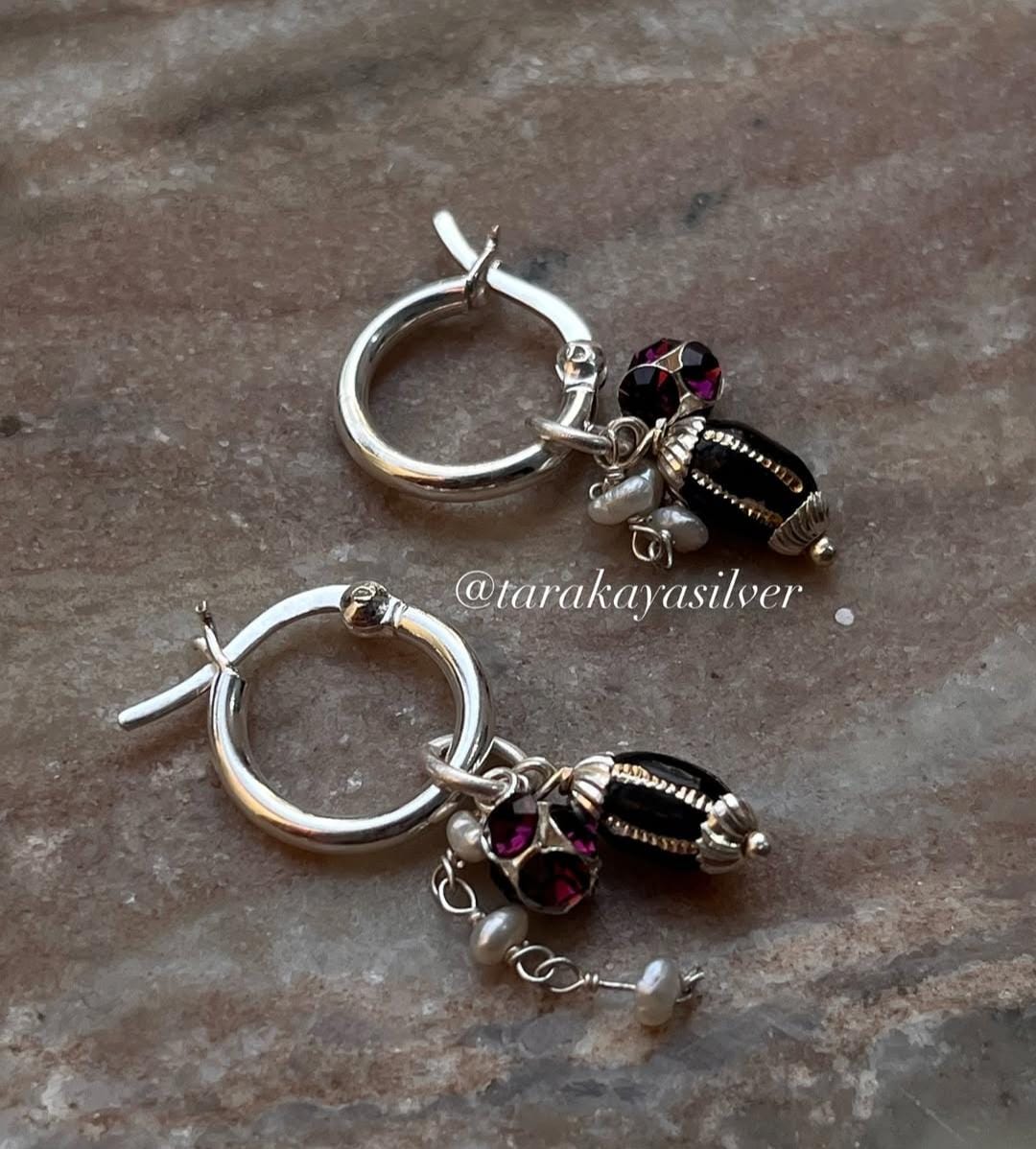 Black, Burgundy Pearl Removal Charms 925 Sterling Silver Italian Hoops