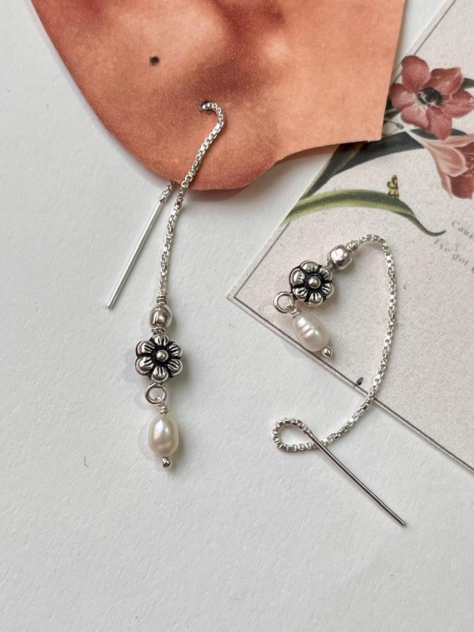 Blossom Flower & Fresh Water Pearl Charm Handcrafted Sui Dhaga 925 Sterling Silver Earrings