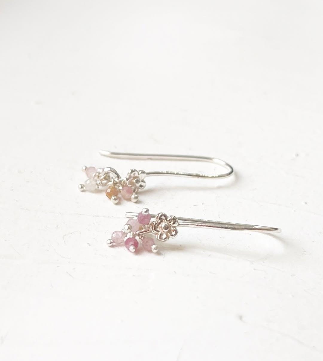 Multi Tourmaline Cherry Blossom Tiny Hook 925 Sterling Silver Earrings