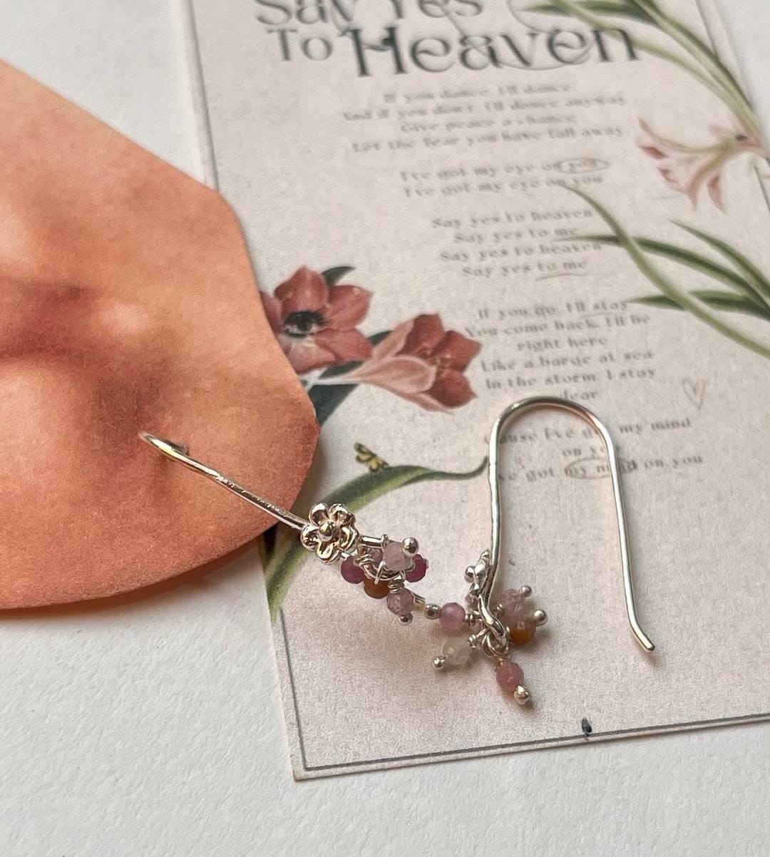 Multi Tourmaline Cherry Blossom Tiny Hook 925 Sterling Silver Earrings