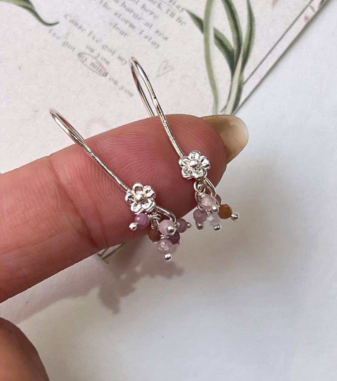 Multi Tourmaline Cherry Blossom Tiny Hook 925 Sterling Silver Earrings