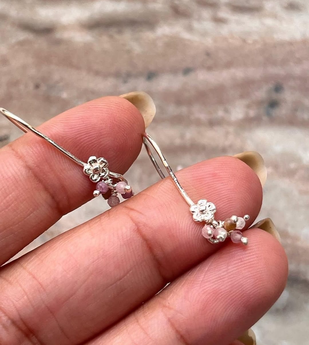 Multi Tourmaline Cherry Blossom Tiny Hook 925 Sterling Silver Earrings