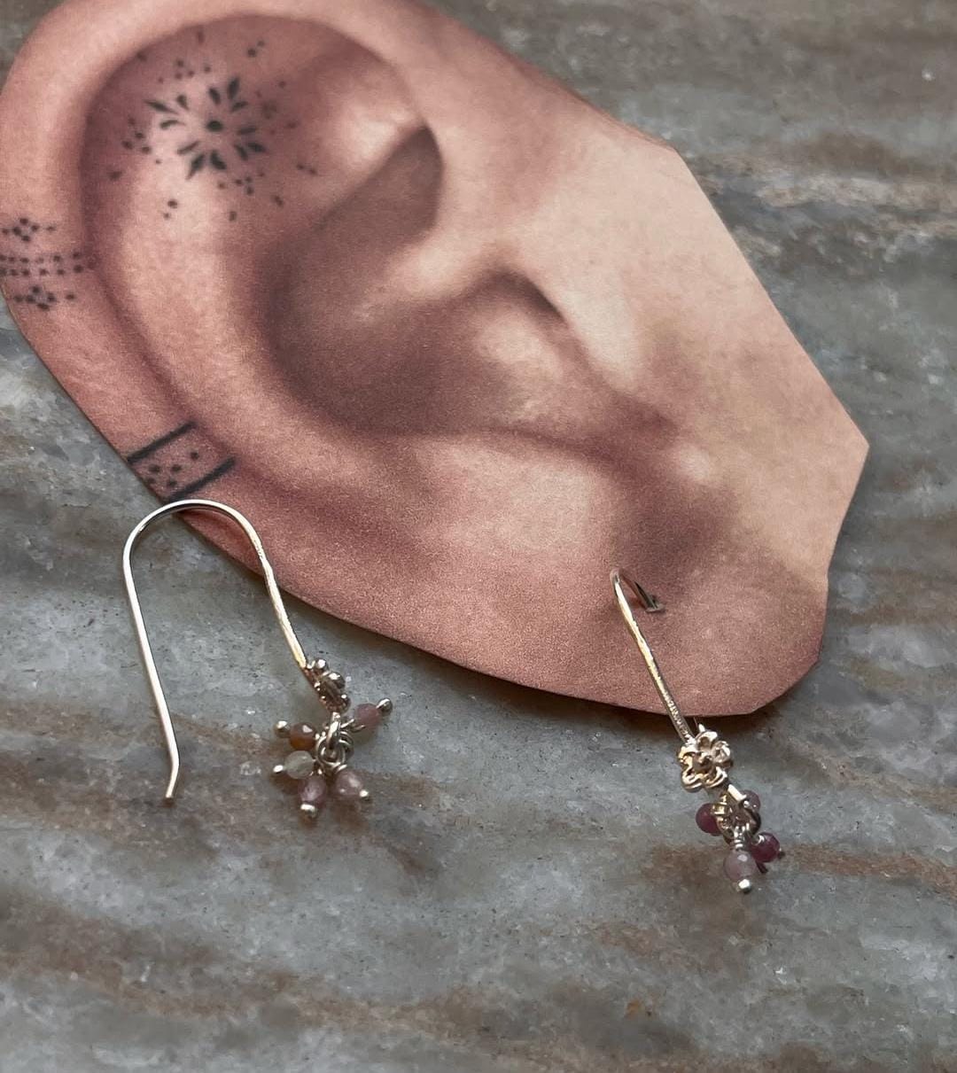 Multi Tourmaline Cherry Blossom Tiny Hook 925 Sterling Silver Earrings