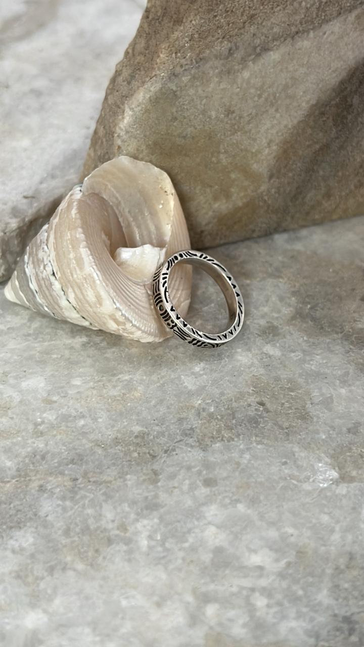 Tribal Engraved Side Full Band 925 Sterling Silver Ring - Tarakaya Silver