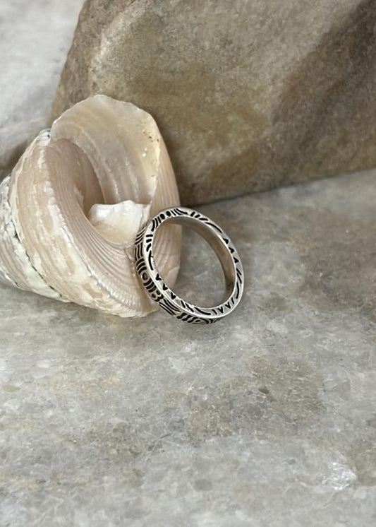 Tribal Engraved Side Full Band 925 Sterling Silver Ring - Tarakaya Silver