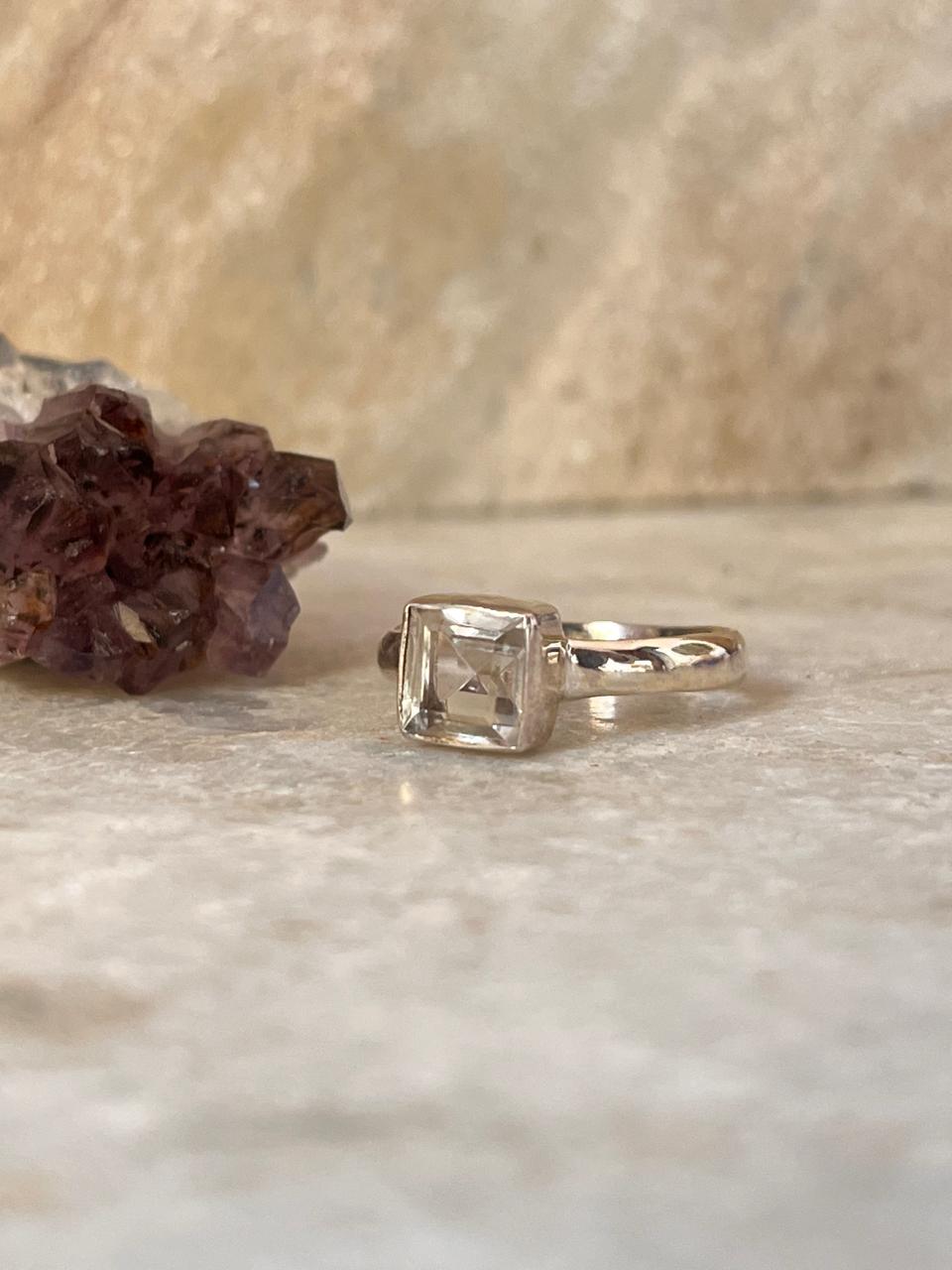 Clear Quartz /Sphatik Square Cut 925 Sterling Silver Ring