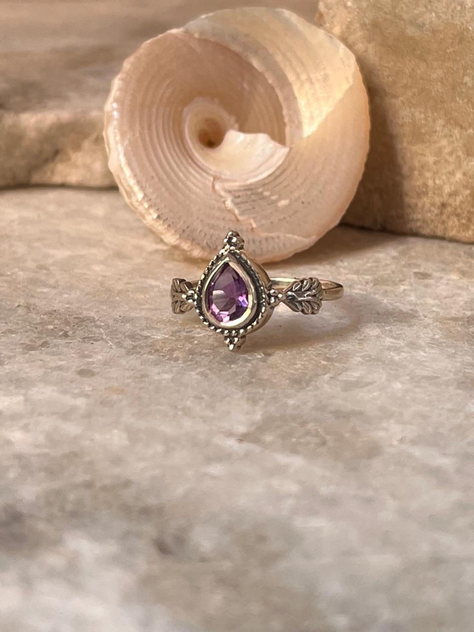 Amethyst Pear Cut Boho 925 Sterling Silver Ring