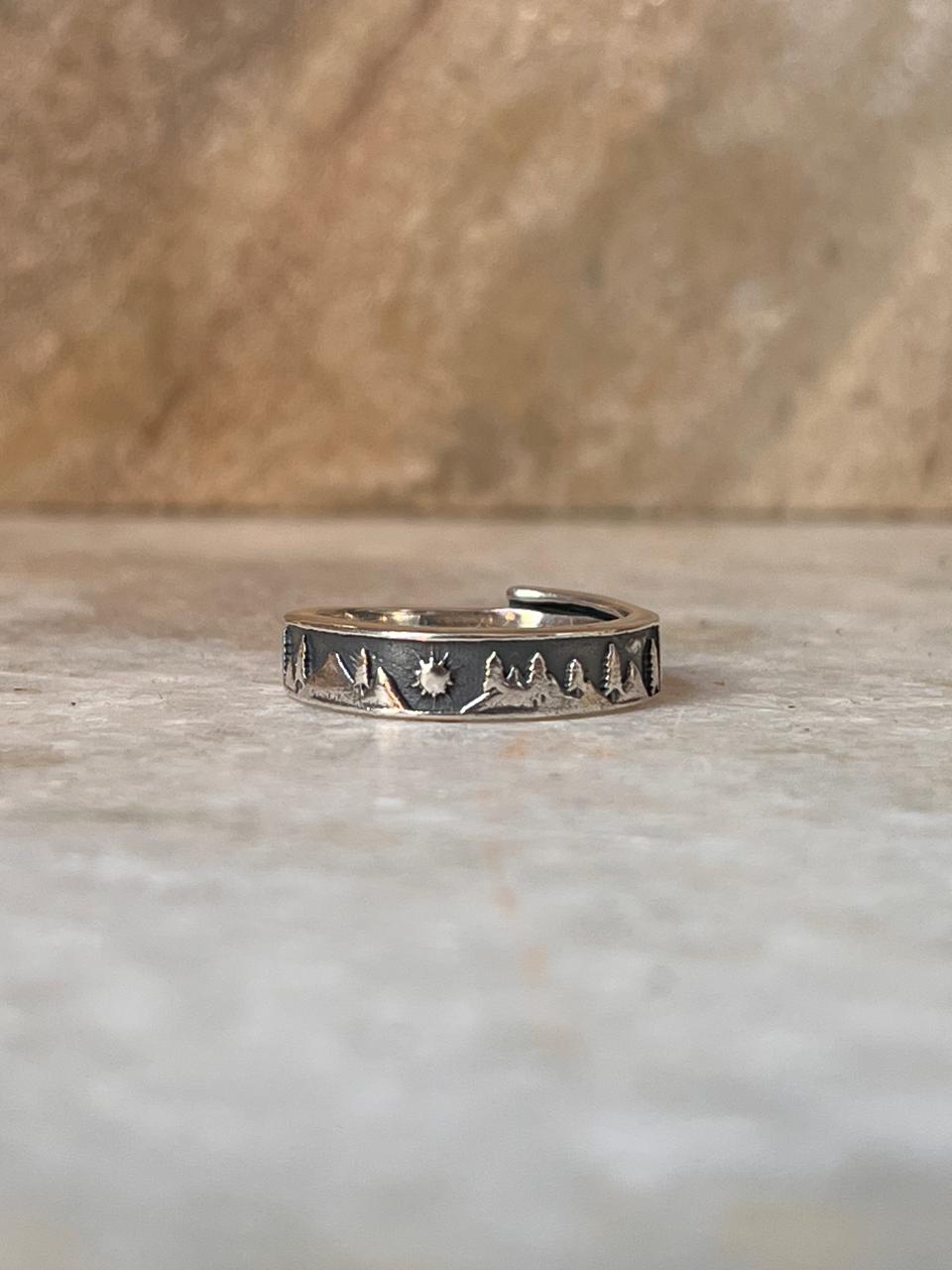 Mountains- Pine trees - Sun Adjustable 925 Sterling Silver Ring