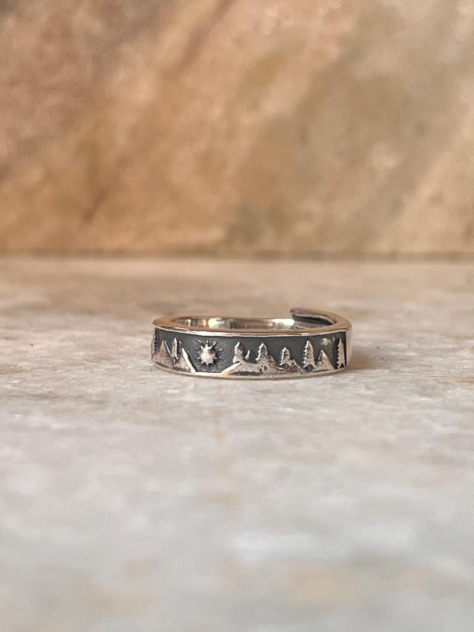 Mountains- Pine trees - Sun Adjustable 925 Sterling Silver Ring