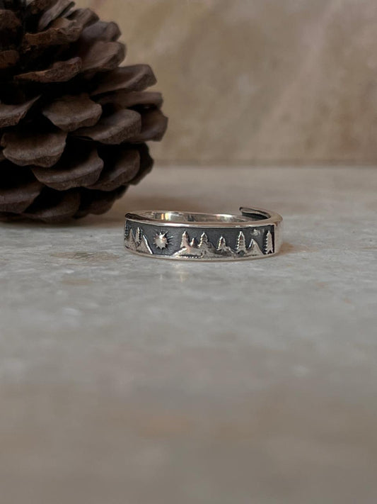 Mountains- Pine trees - Sun Adjustable 925 Sterling Silver Ring