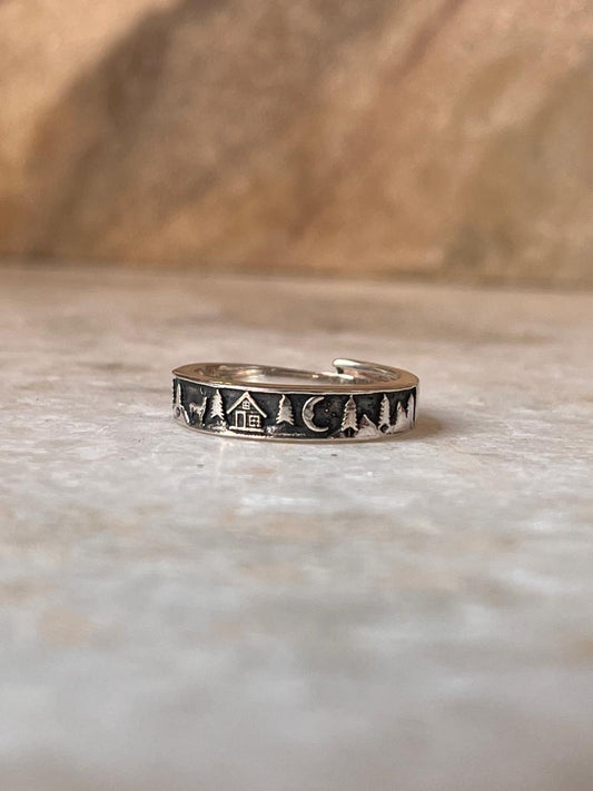 Forest -Reindeer- Moon-Cottage Adjustable 925 Sterling Silver Ring
