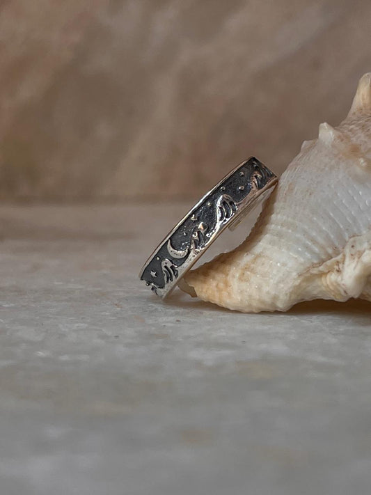 Waves-Moon- Stars Adjustable 925 Sterling Silver Ring