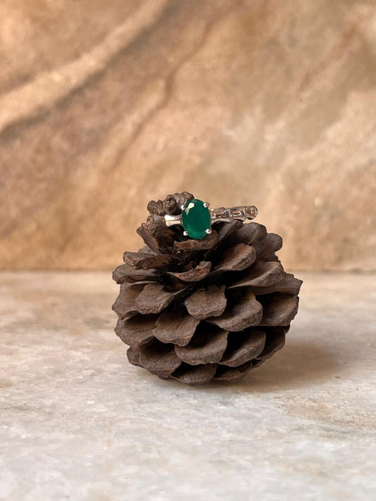 Natural Green Onyx Bamboo Band 925 Sterling Silver Ring
