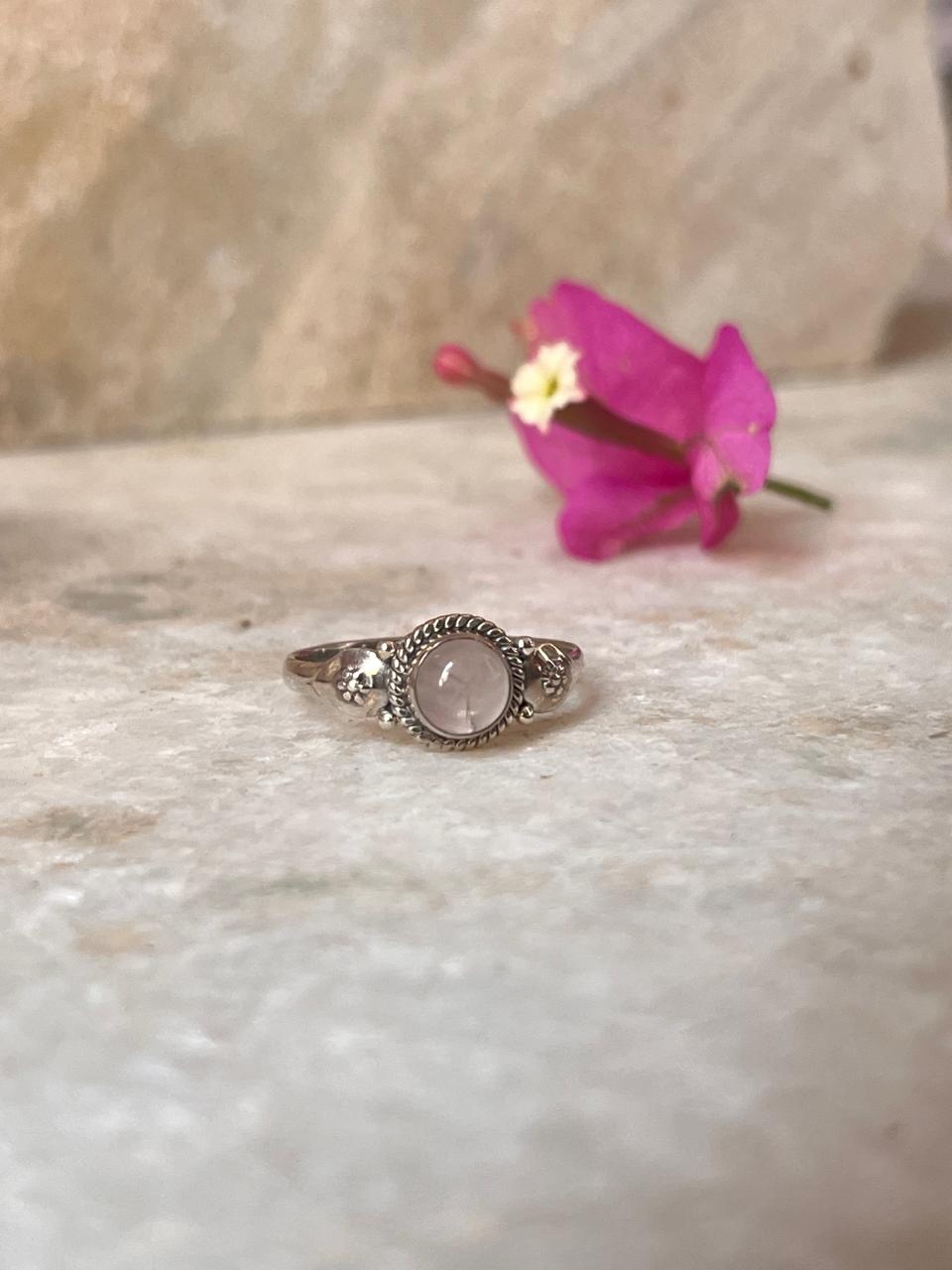 Rose Quartz Round Boho 925 Sterling Silver Ring
