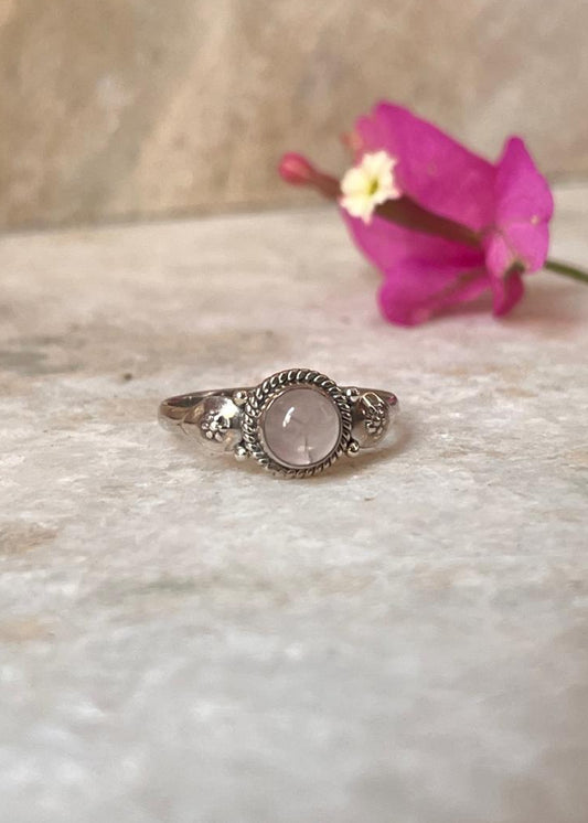 Elegant 925 sterling silver boho ring featuring round rose quartz gemstone