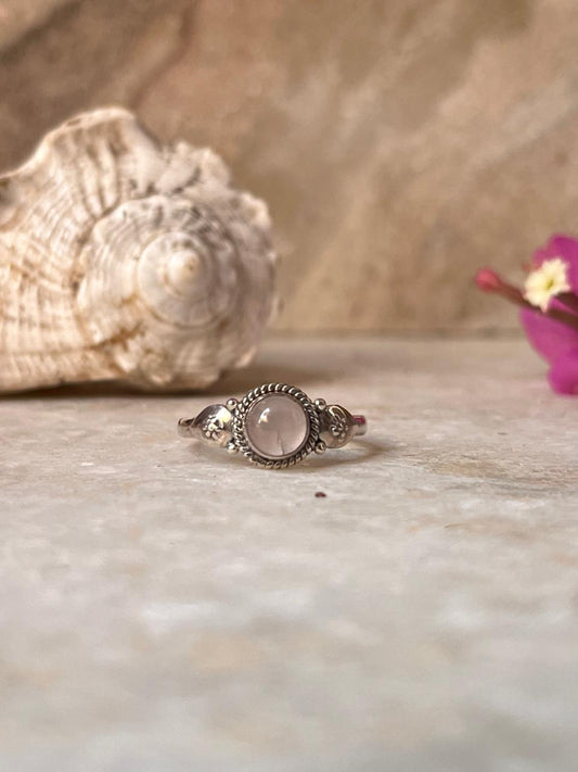 Rose Quartz Round Boho 925 Sterling Silver Ring