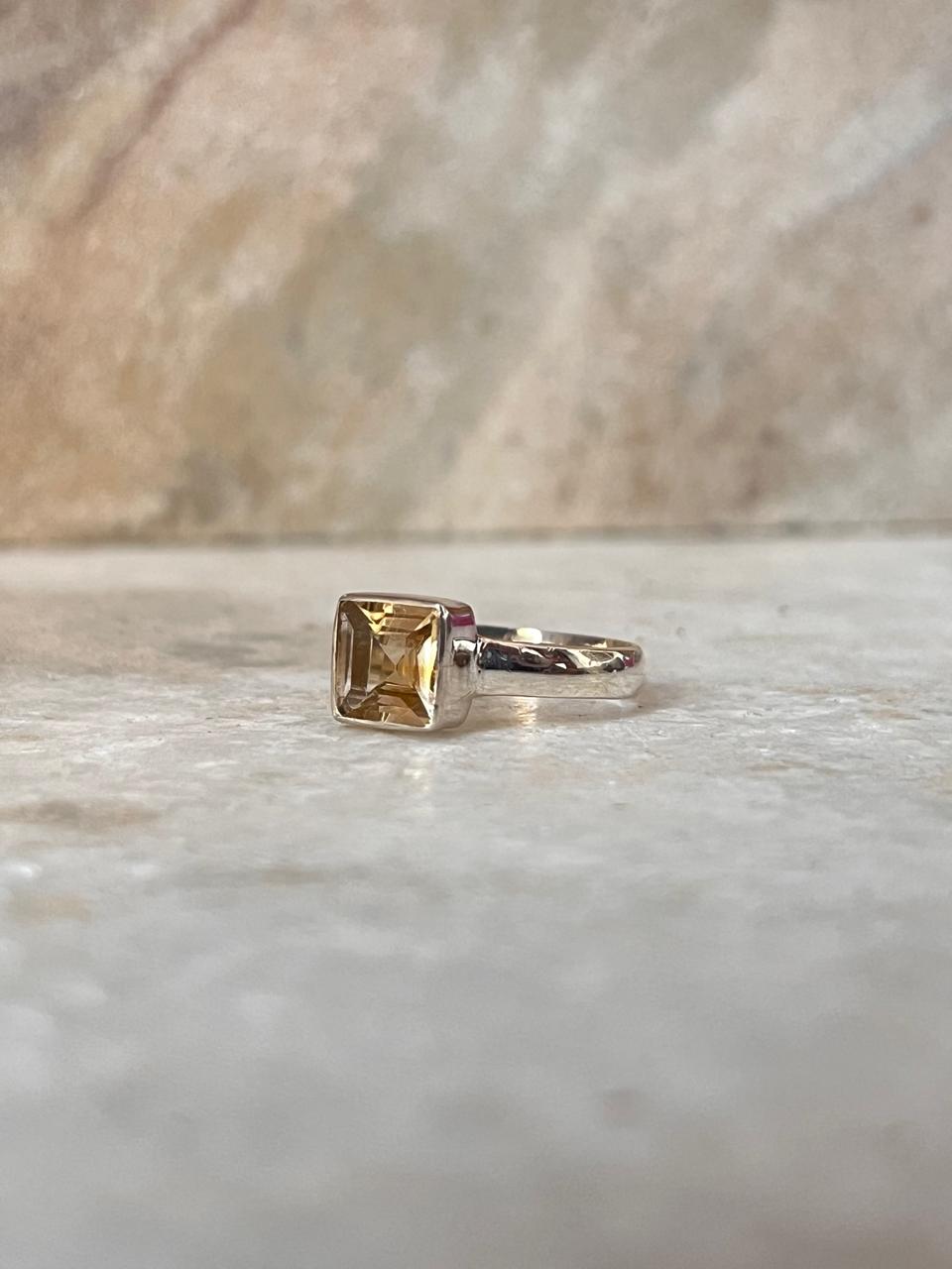 Citrine Square Cut Stone 925 Sterling Silver Ring