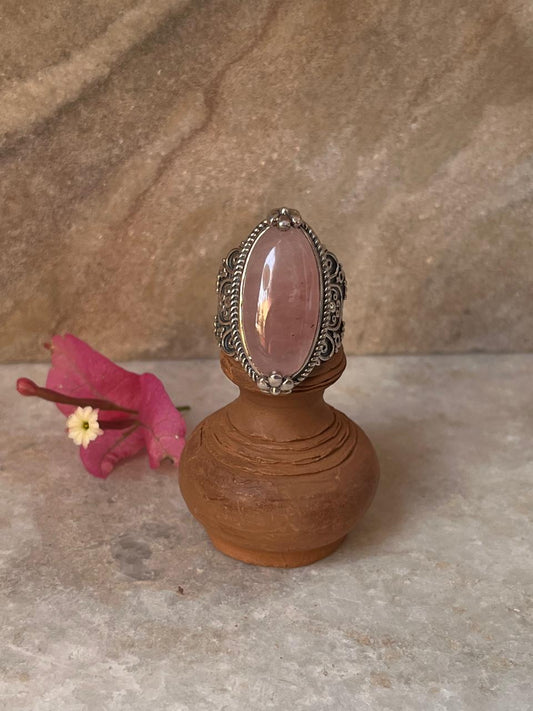 Rose Quartz Boho Oval Statement 925 Sterling Silver Ring