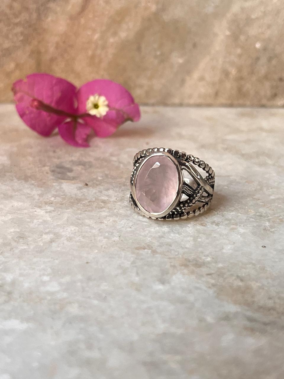 Rose Quartz Statement Twig textured Band 925 Sterling Silver Ring