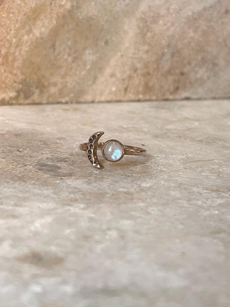 Moonstone Crescent Moon Adjustable 925 Sterling Silver Ring