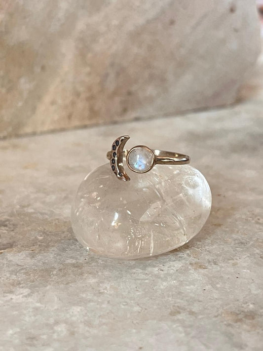 Moonstone Crescent Moon Adjustable 925 Sterling Silver Ring