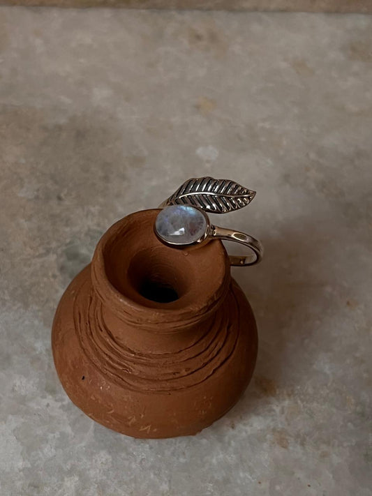 Moonstone Feather Adjustable 925 Sterling Silver Ring