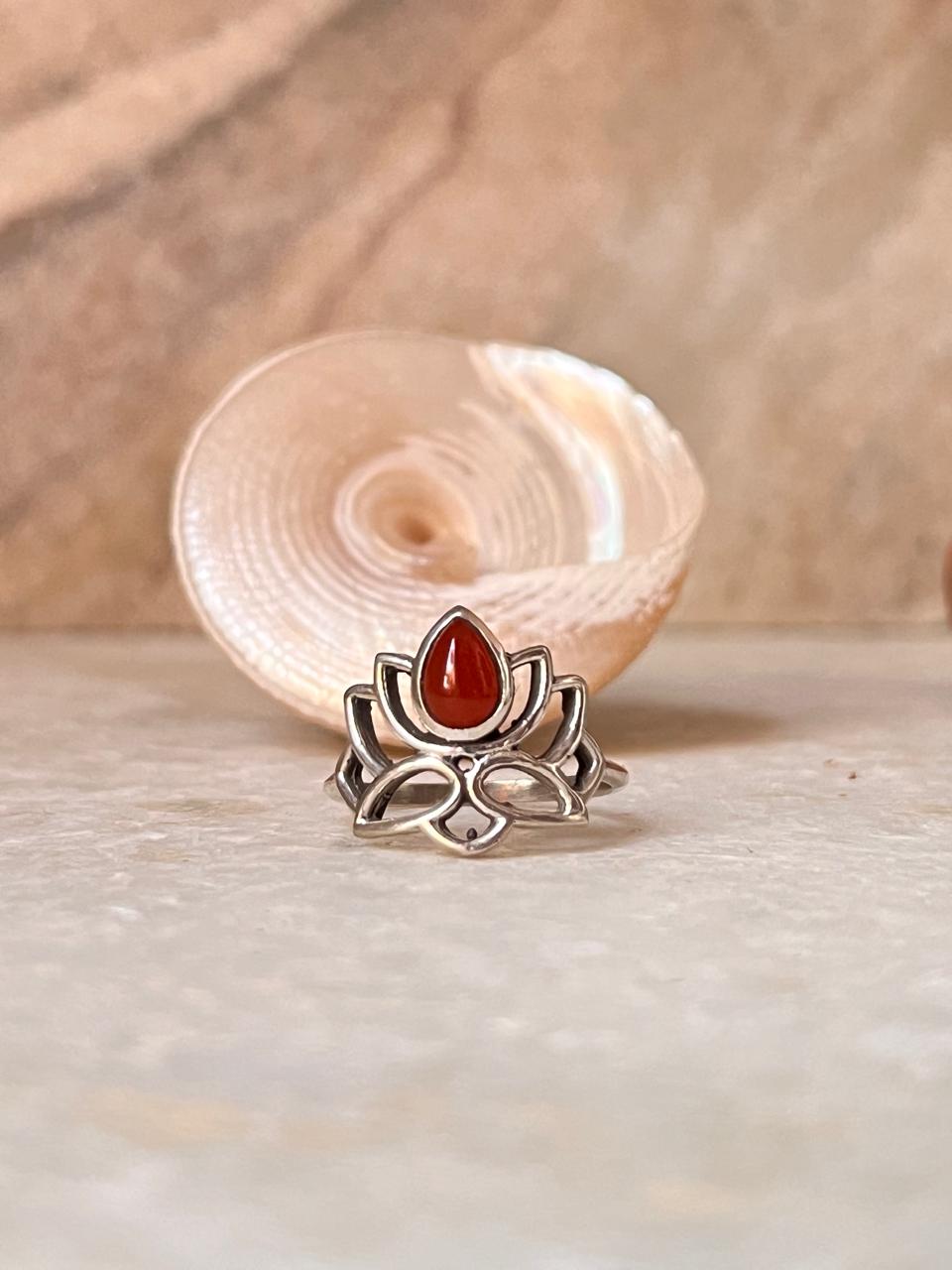 Carnelian Divine Lotus 925 Sterling Silver Ring