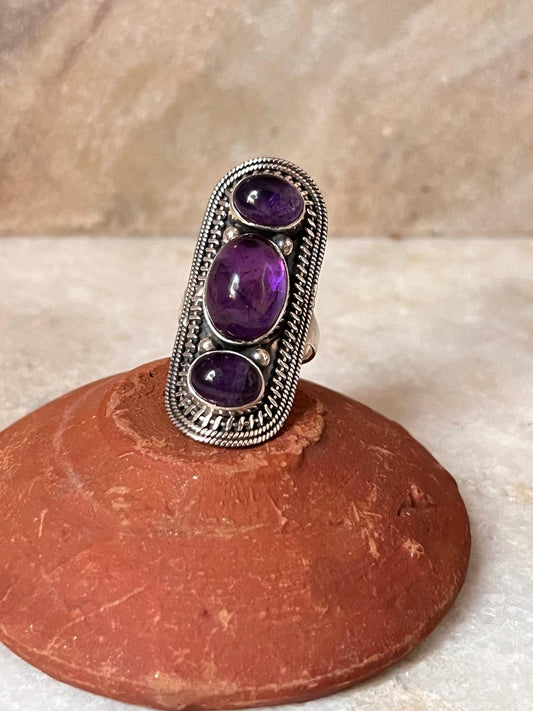 Amethyst Big Boho Handcrafted Statement 925 Sterling Silver Ring