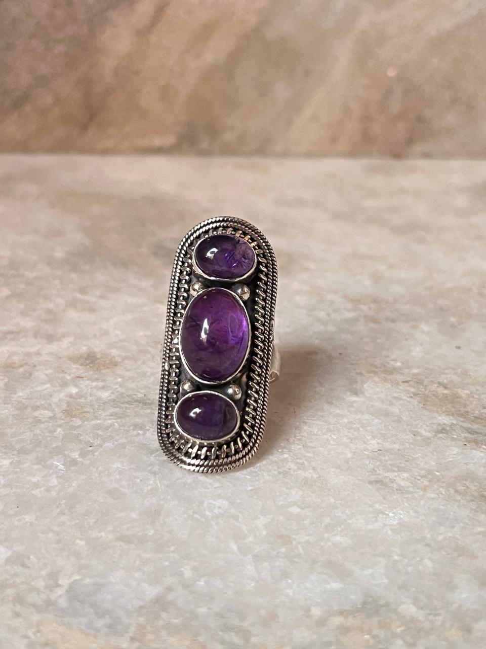Amethyst Big Boho Handcrafted Statement 925 Sterling Silver Ring